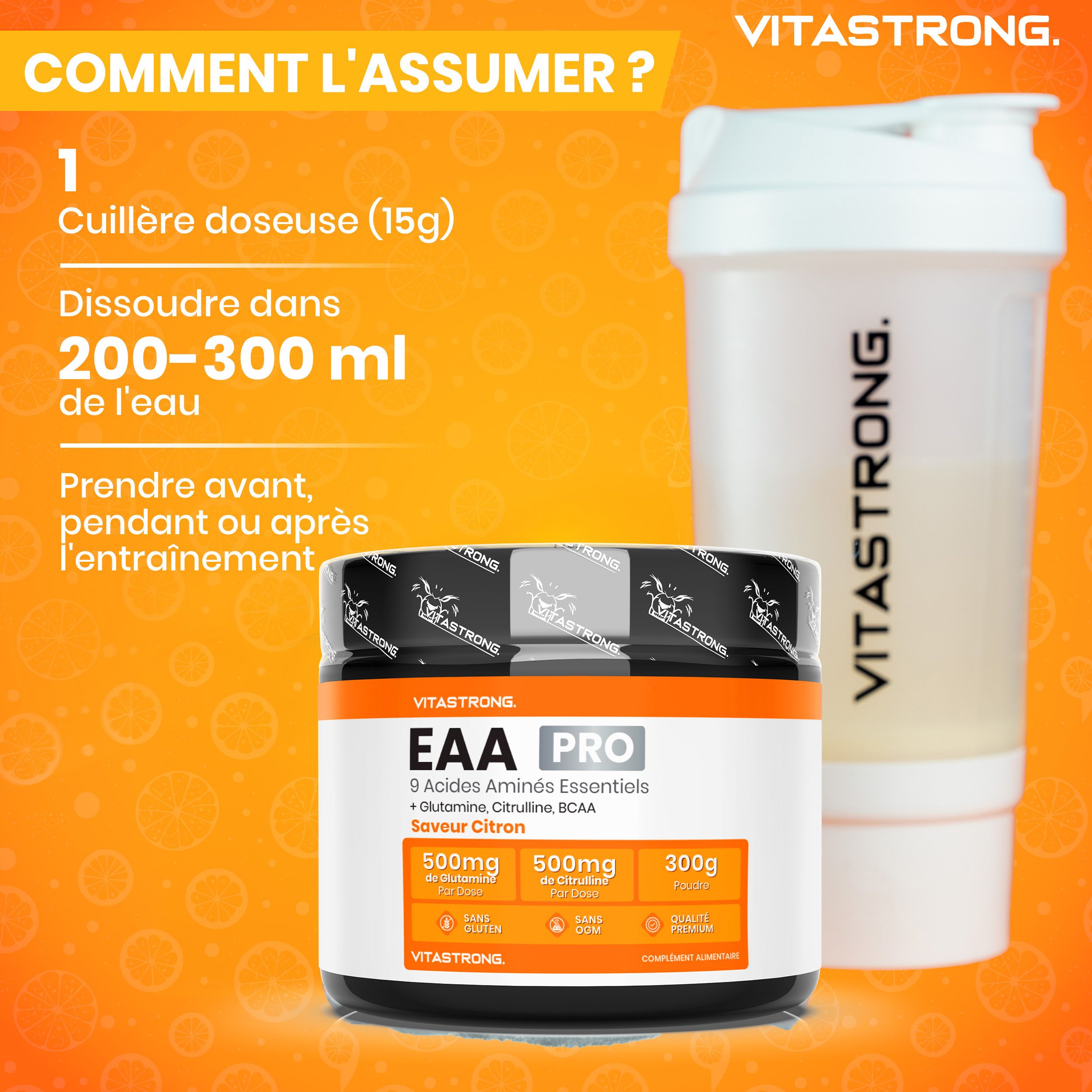 Vitastrong EAA PRO Citroen. Pot, 300g. 9 aminozuren, glutamine, citrulline. Tekst: 9350mg EAA.