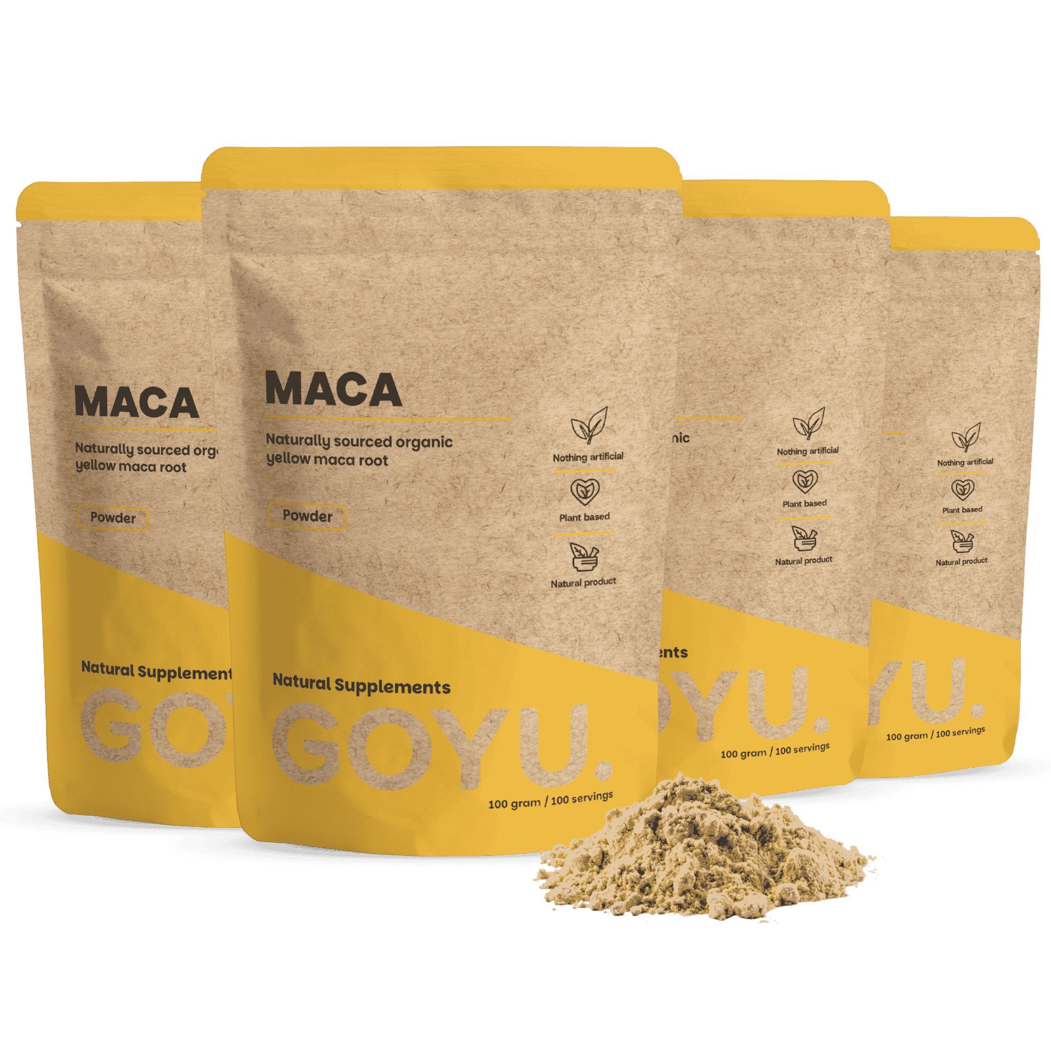 Vier pakken GOYU Gele Maca poeder in bruine stand-up pouches met gele accenten. 100g.
