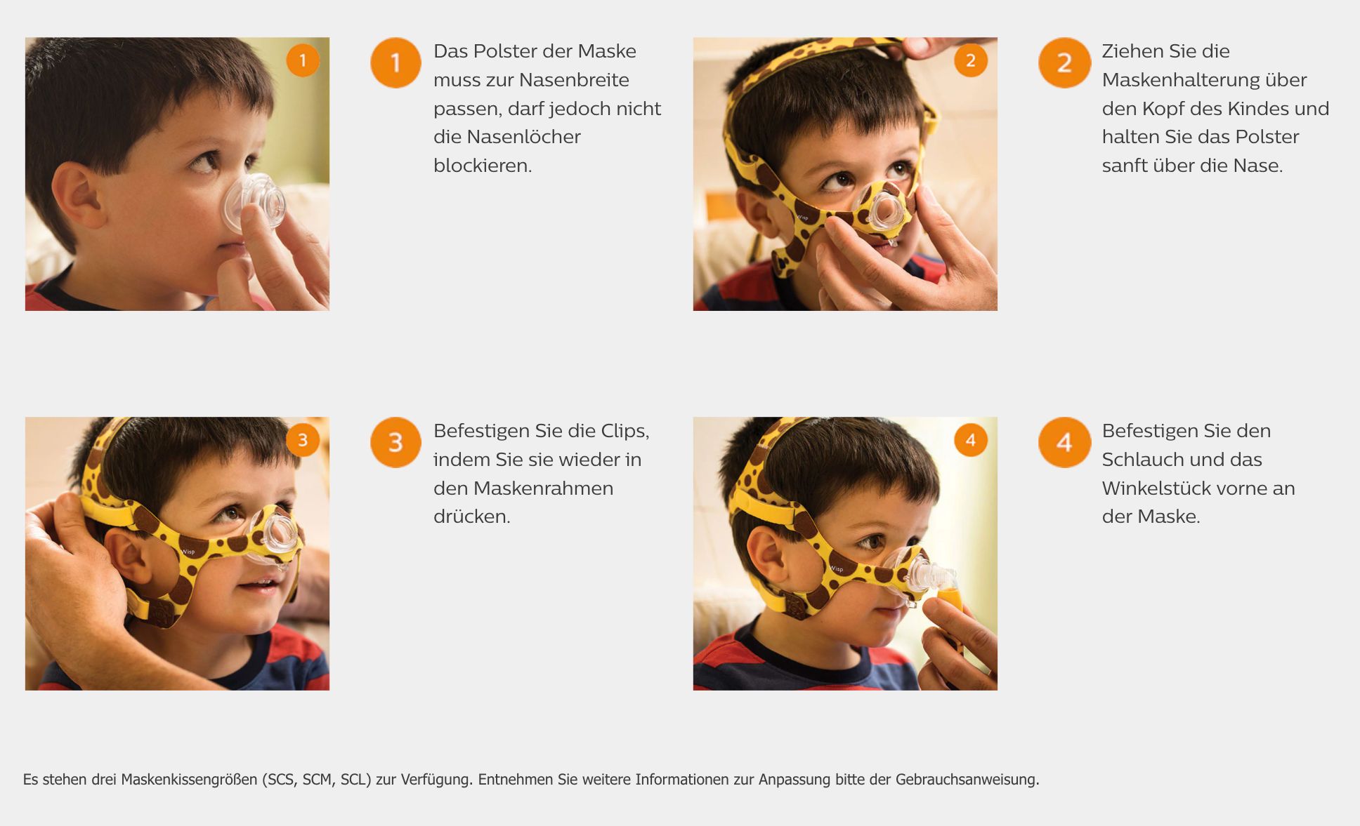 Instructies voor het gebruik van een kinder neusmasker met giraffepatroon.