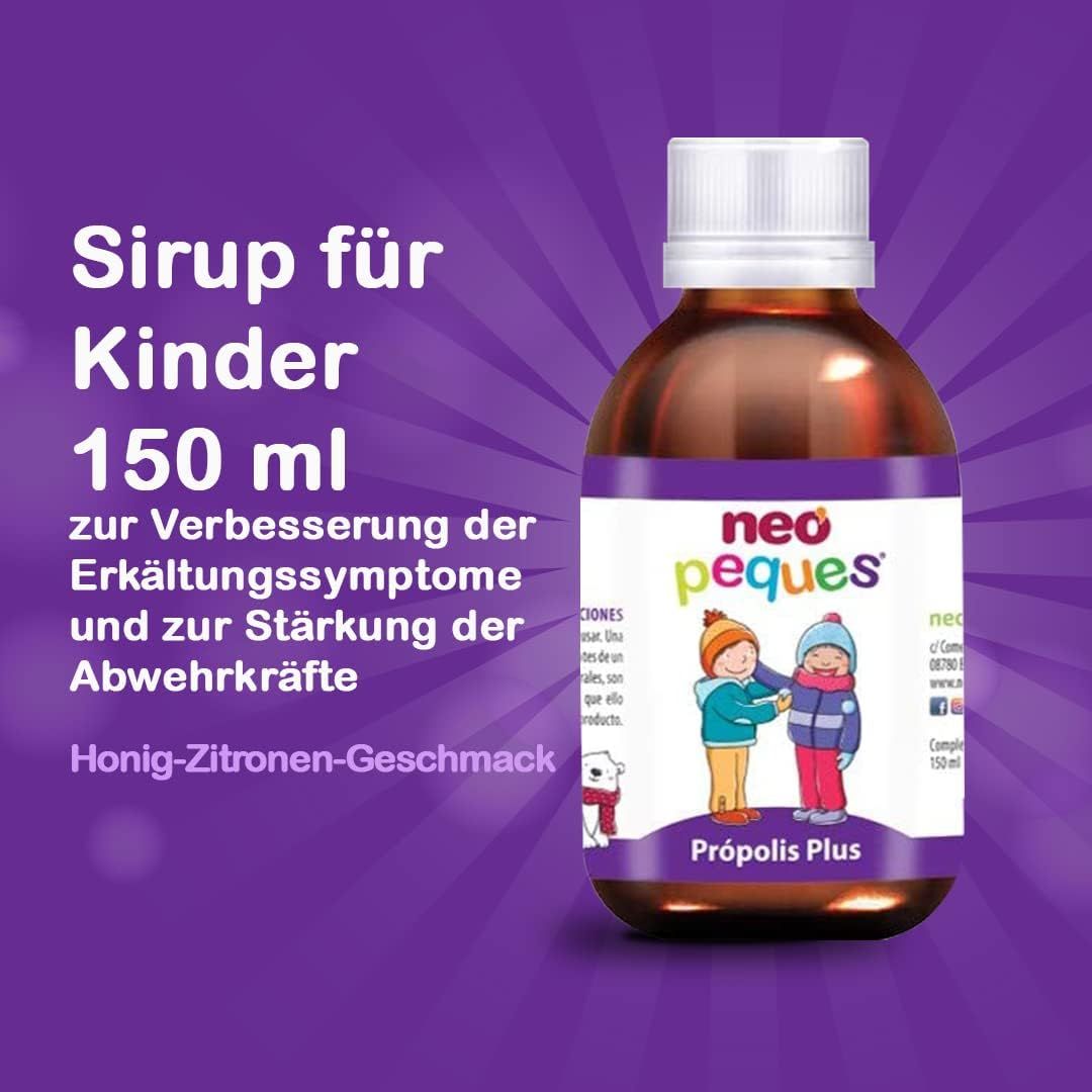 Bruine fles met witte dop. Etiket met productnaam en illustratie van kinderen. Tekst: Siroop voor kinderen, 150 ml, honing-citroensmaak.