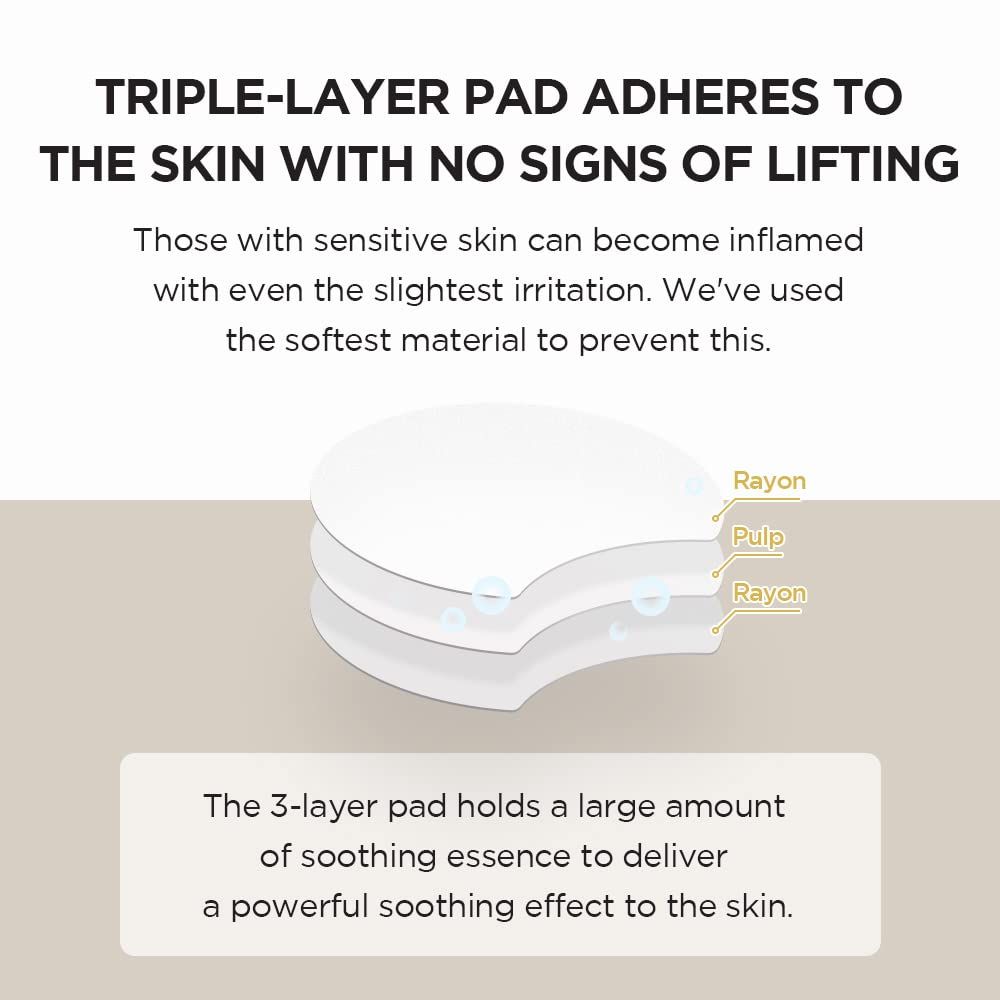 Drie pads op elkaar. Tekst: Triple-Layer Pad hecht aan de huid. Materiaal: Rayon, Pulp. De pads bevatten verzachtende essence.