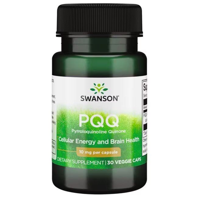Flacon vert avec bouchon noir. Étiquette avec nom du produit, PQQ, et dosage. 30 gélules.