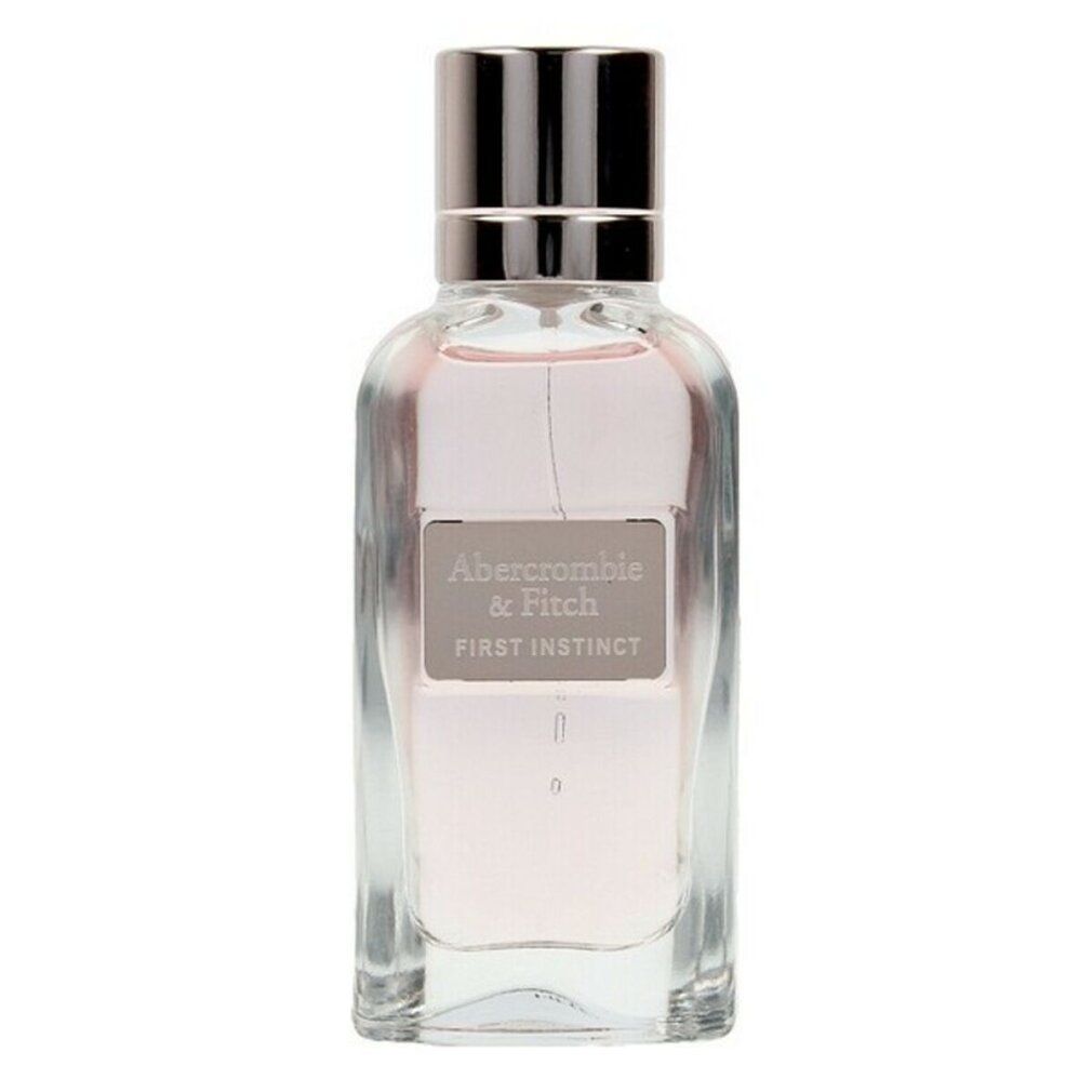Glazen fles met zilveren dop. Opschrift: Abercrombie & Fitch, First Instinct.