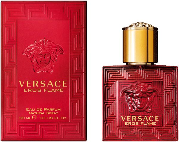 Rode fles en verpakking. Gouden dop. Opschrift: Versace Eros Flame. 30 ml.
