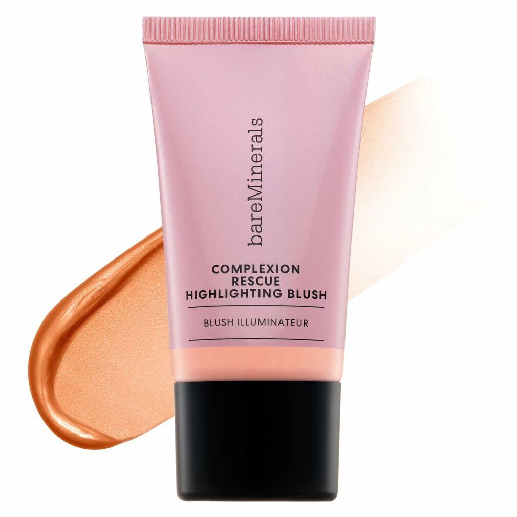 Tube rose avec bouchon noir et échantillons de produit. Inscription: bareMinerals, COMPLEXION RESCUE, HIGHLIGHTING BLUSH, BLUSH ILLUMINATEUR.