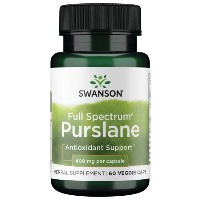 Flacon vert avec bouchon noir. Inscription : SWANSON, Full Spectrum Purslane, 400 mg par capsule. Complément à base de plantes, 60 gélules végétales.