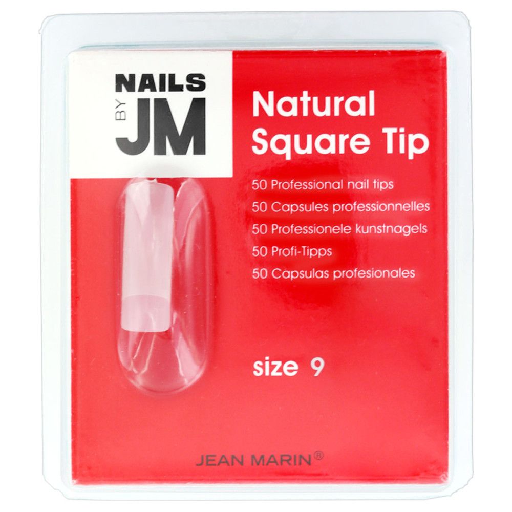 Emballage de faux ongles. Inscription "Natural Square Tip", "size 9" et "JEAN MARIN". Contient 50 pièces.
