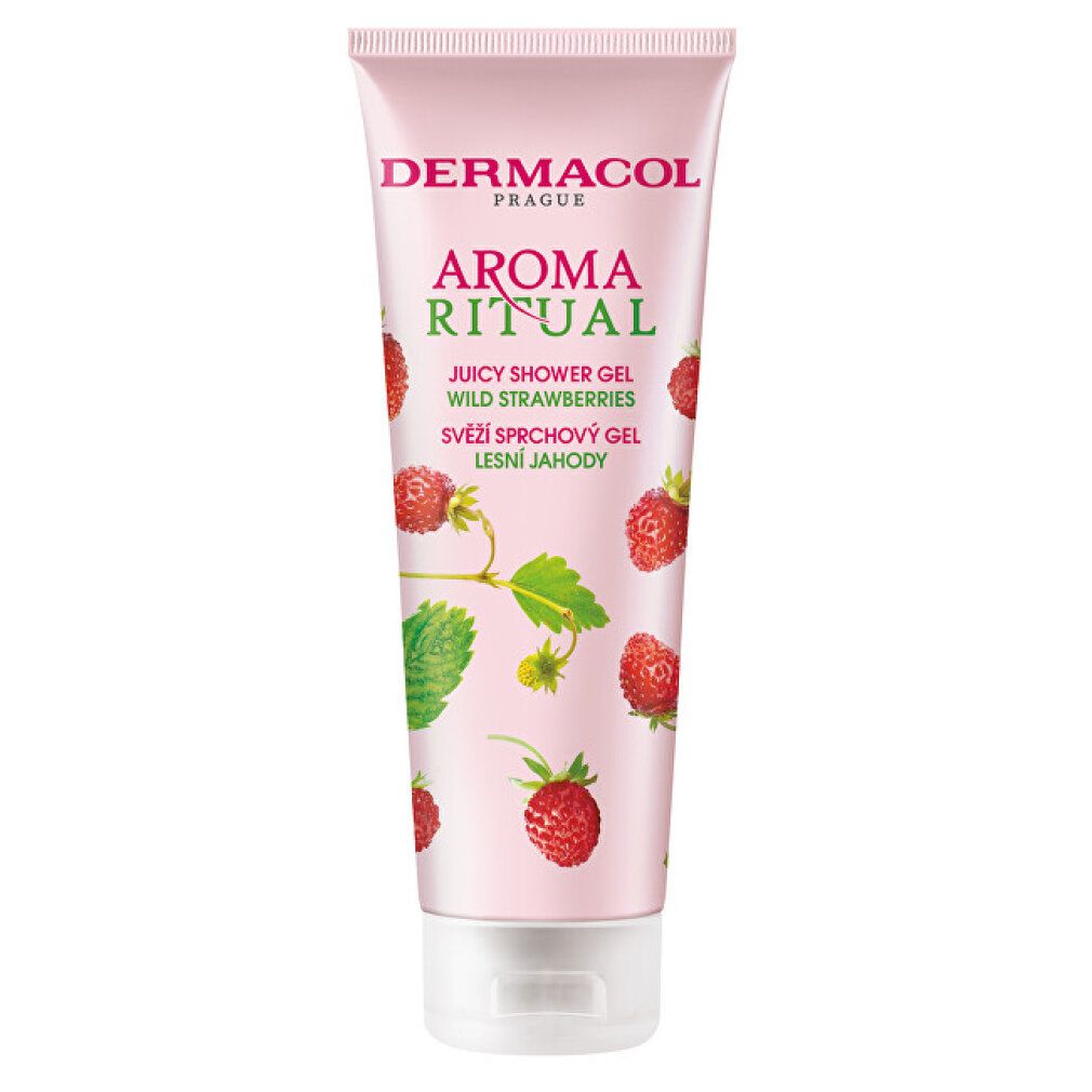 Roze tube met aardbeien decor. Tekst: Dermacol, Aroma Ritual, Juicy Shower Gel Wild Strawberries.