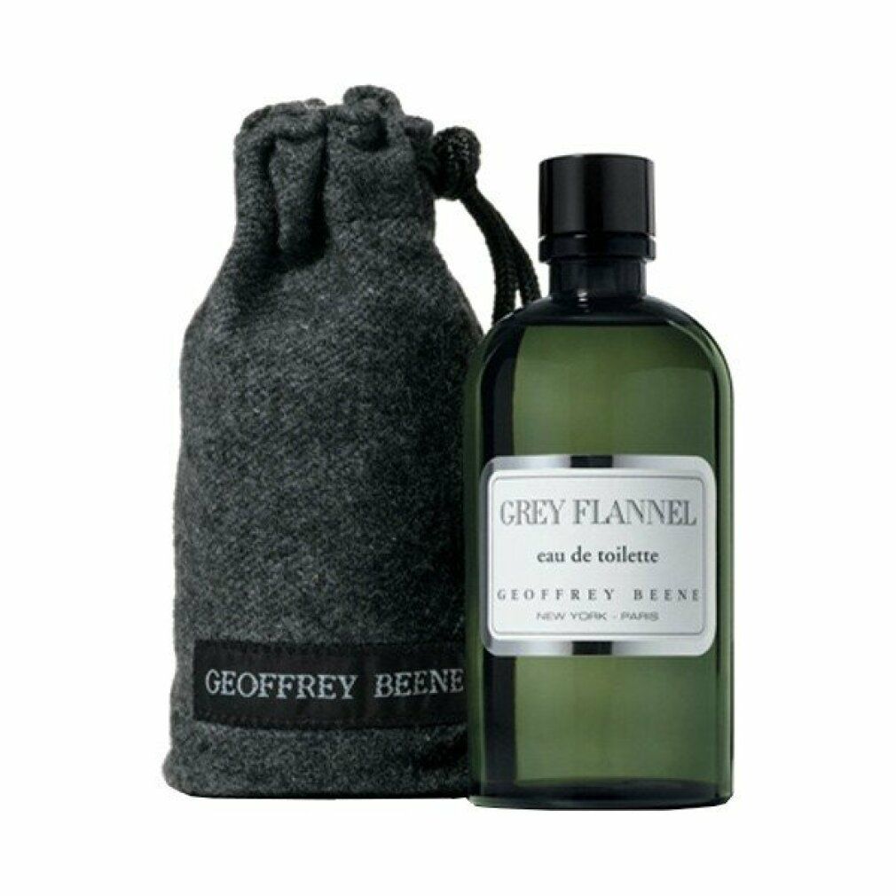 Flacon gris avec étiquette "Grey Flannel eau de toilette" et sac avec logo "Geoffrey Beene".