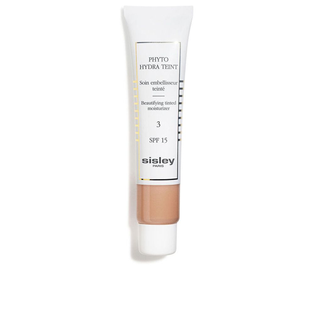 Tube Sisley Phyto-Hydra Teint, tint 3, met SPF 15. Witte tube met gouden details en productnaam. Onderste deel in huidskleur.