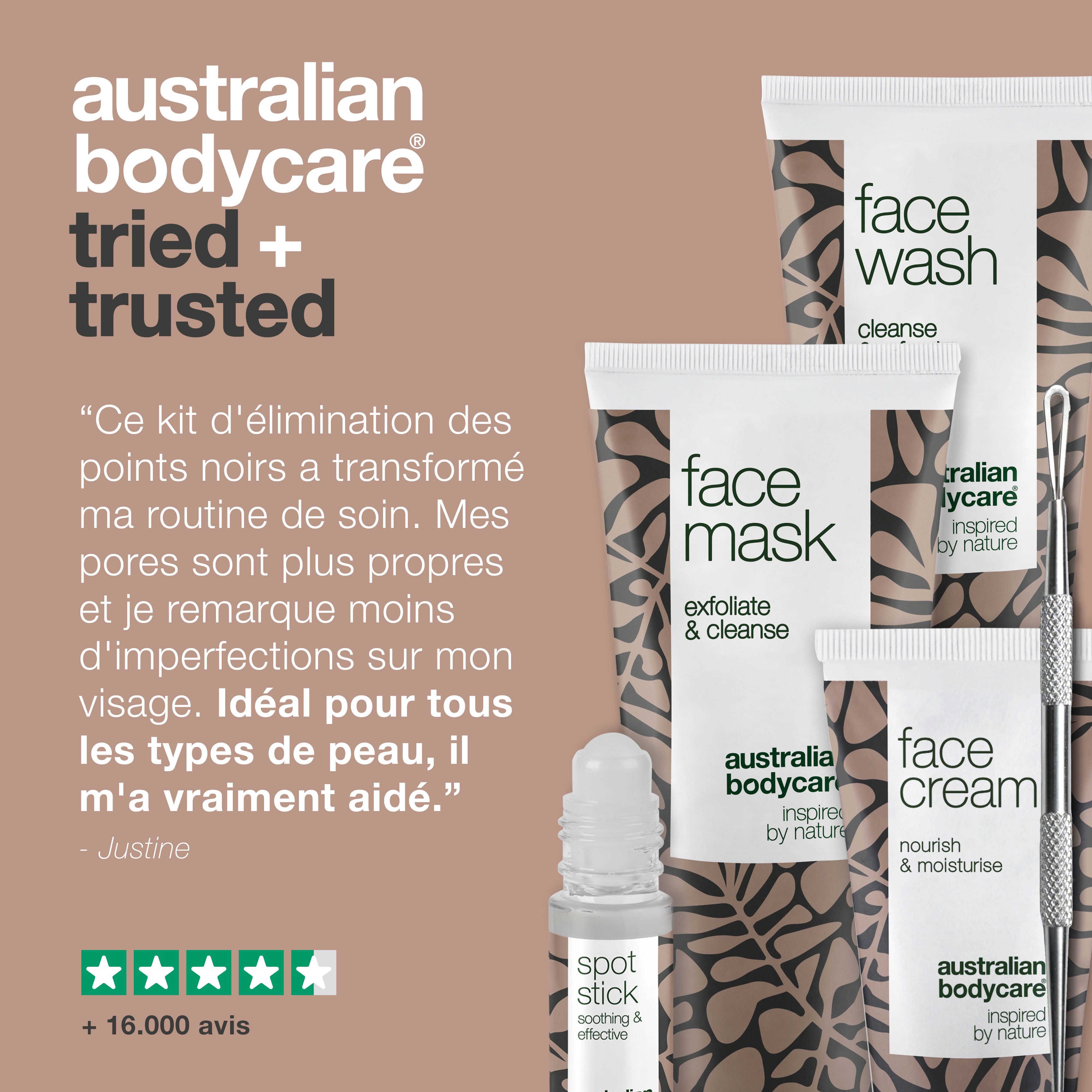 Australian Bodycare tried + trusted. Produits: nettoyant, masque, crème, stick et outil. Texte.