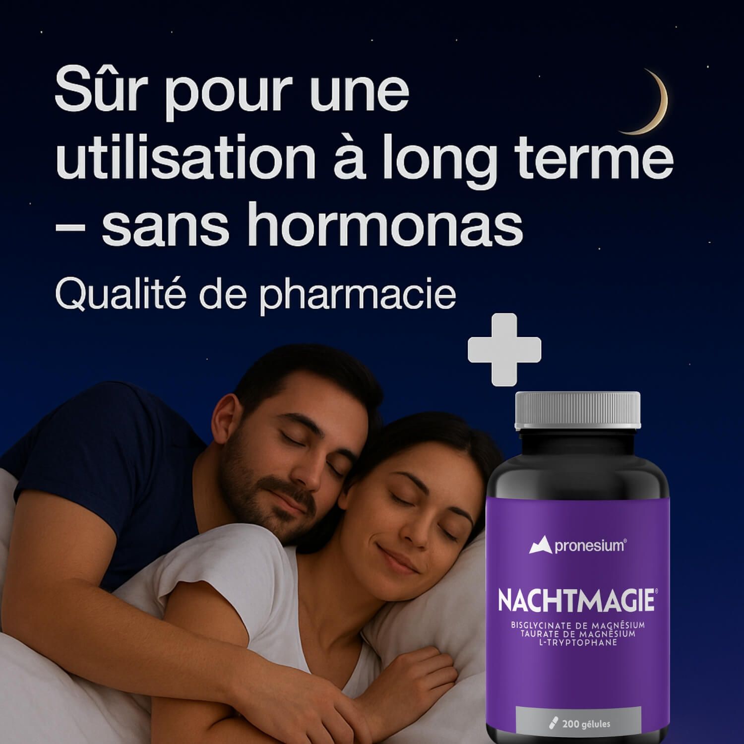 Trois cercles avec symboles : cerveau, cœur, lune. Texte : Magnesiumbisglycinate, Magnesiumtaurate, L-Tryptophane. Fond de nuit.