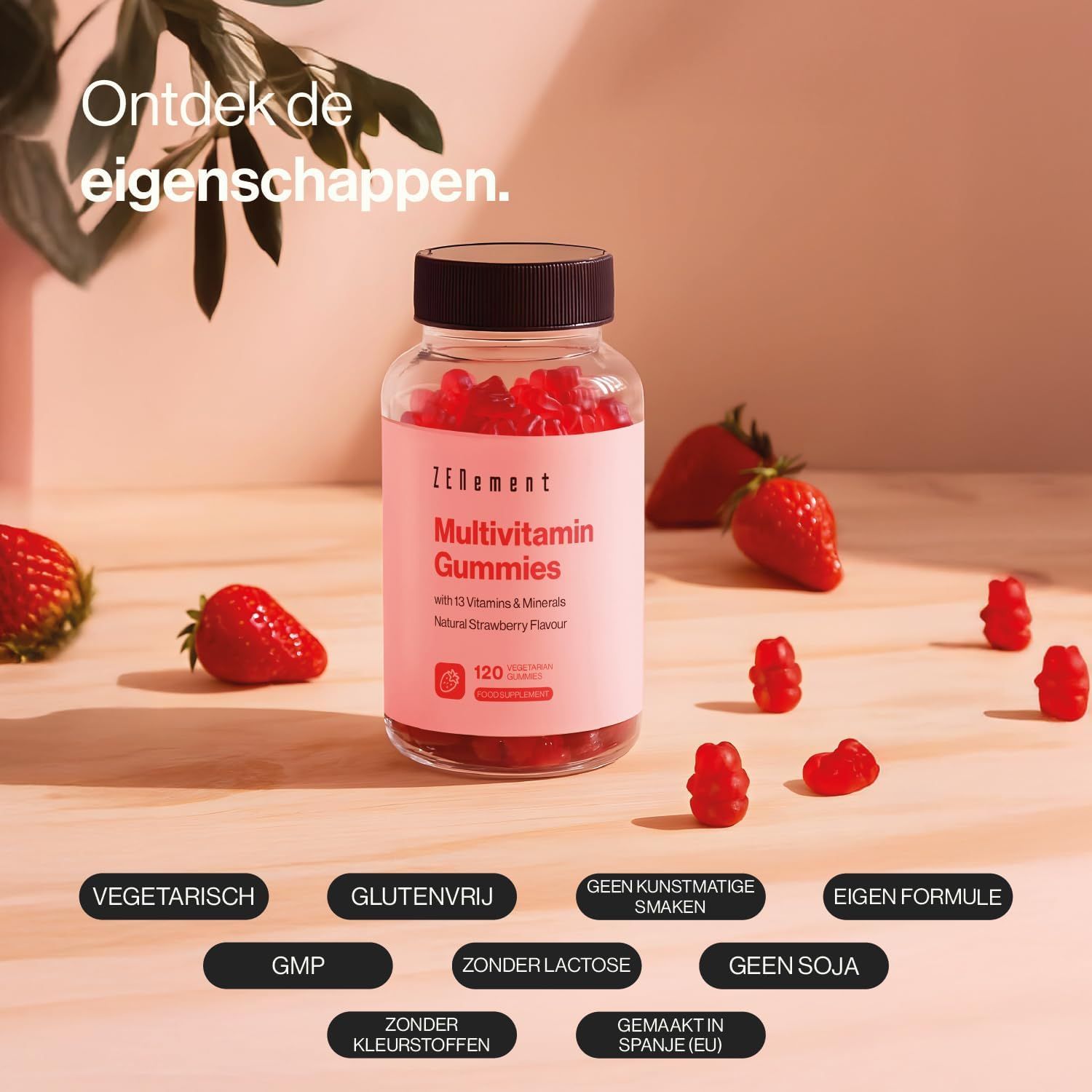 Fles multivitamine gummies, aardbeiensmaak, met 12 vitaminen & mineralen.
