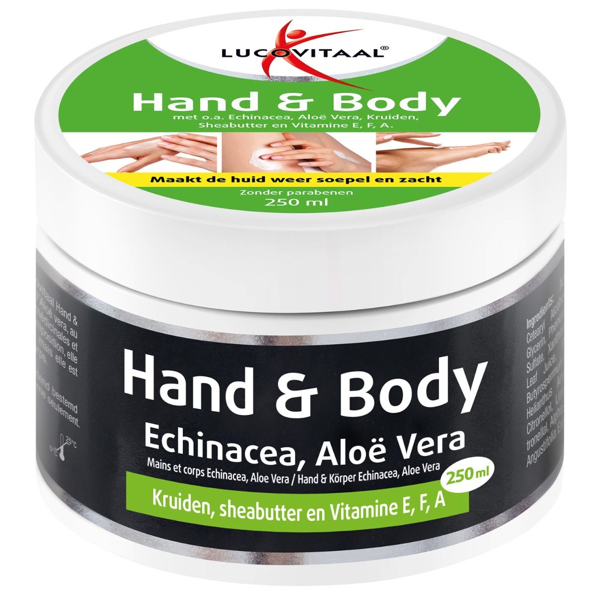 Crèmepot met deksel. Opschrift 'Hand & Body' en 'Echinacea, Aloë Vera'. Groen-witte verpakking. Merk: Lucovitaal.