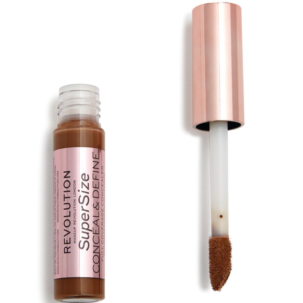 Flacon de correcteur avec applicateur. Étiquette rose avec texte: Super Size Conceal & Define.