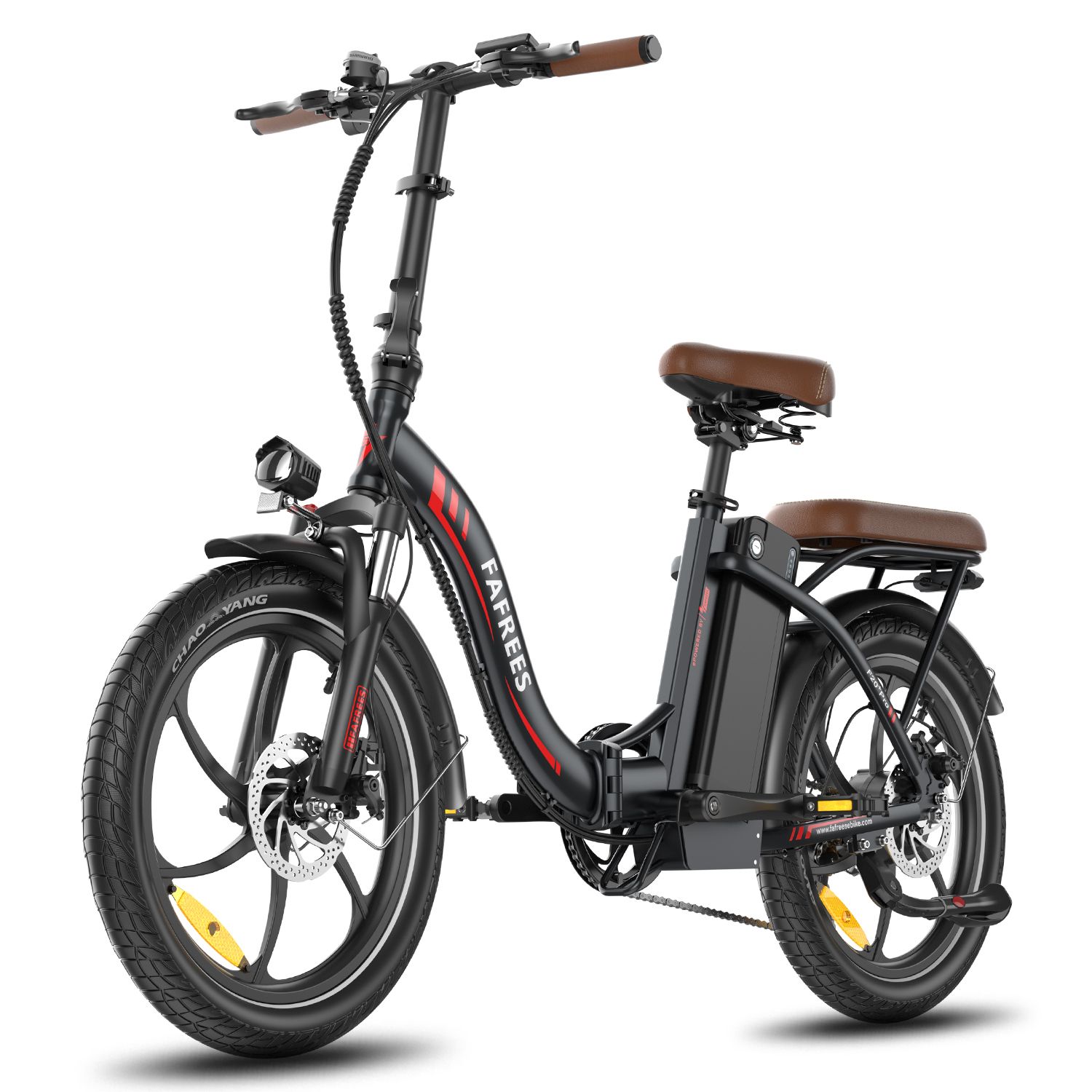 Opvouwbare e-bike, zwart met bruin zadel. Merk Fafrees. Zichtbare details: wielen, batterij, spatborden, stuur.