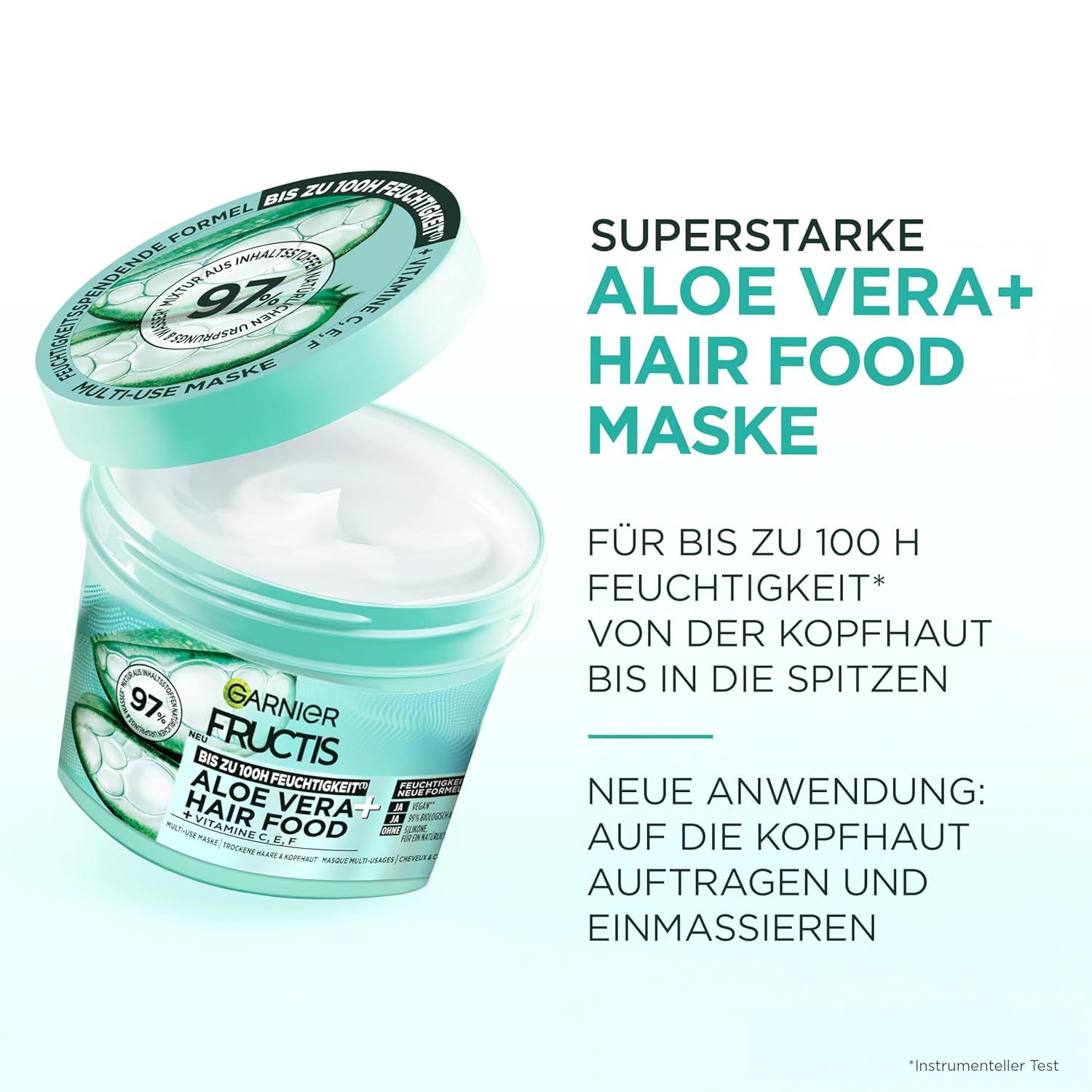 Garnier Fructis Aloe Vera Hair Food Masker, pot met deksel. Groen-wit etiket met productinfo. 97% natuurlijke ingrediënten.