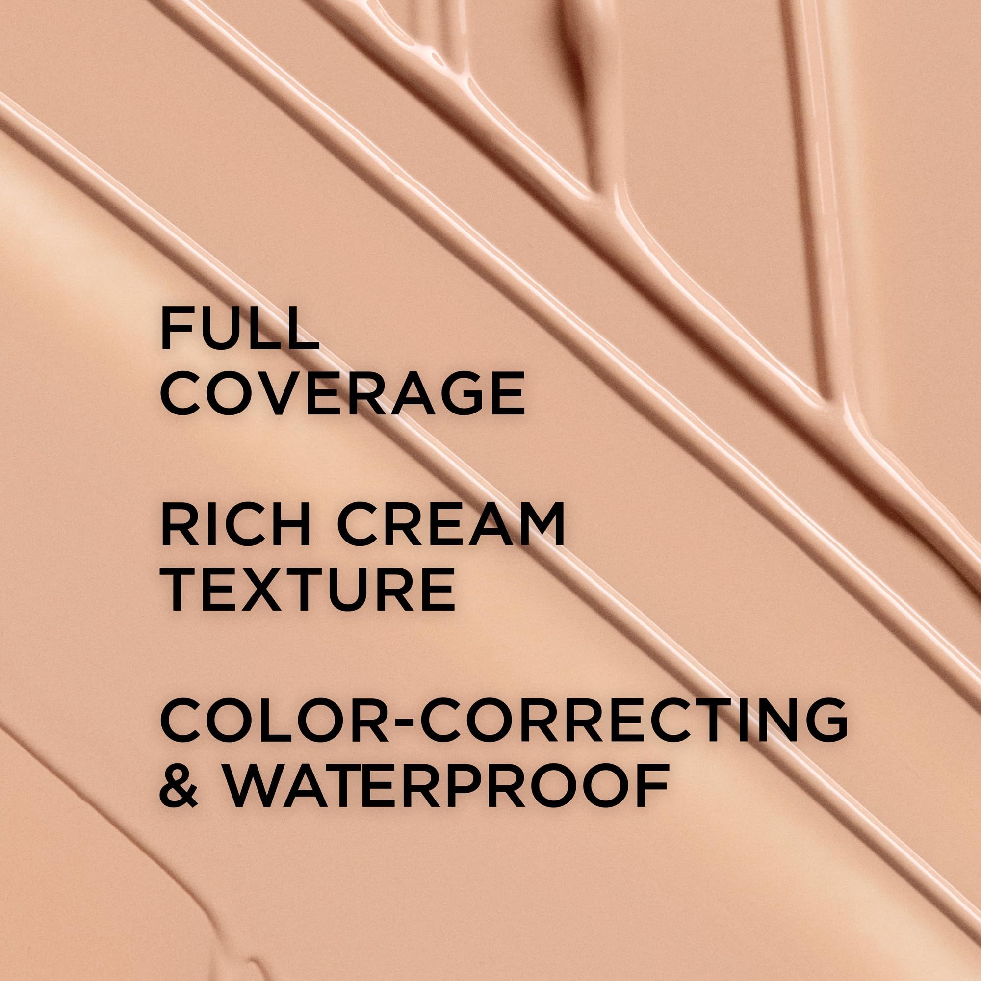 Gros plan d'une tache de couleur. Texte: Couvrance totale, texture crème riche, correcteur de couleur & waterproof.