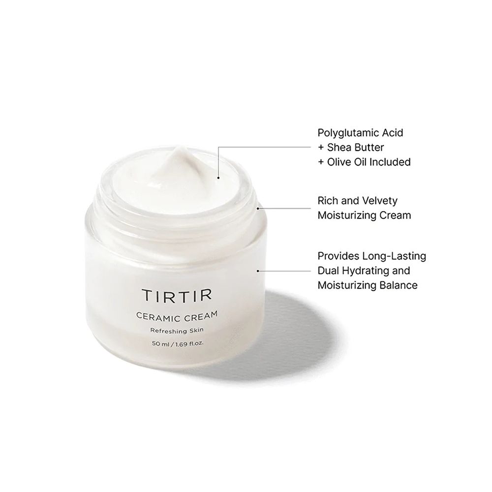 Open pot Tir Tir Ceramic Cream met crème. Tekst: Polyglutaminezuur + Sheaboter + Olijfolie inbegrepen. Dual Hydrating and Moisturizing Balance.