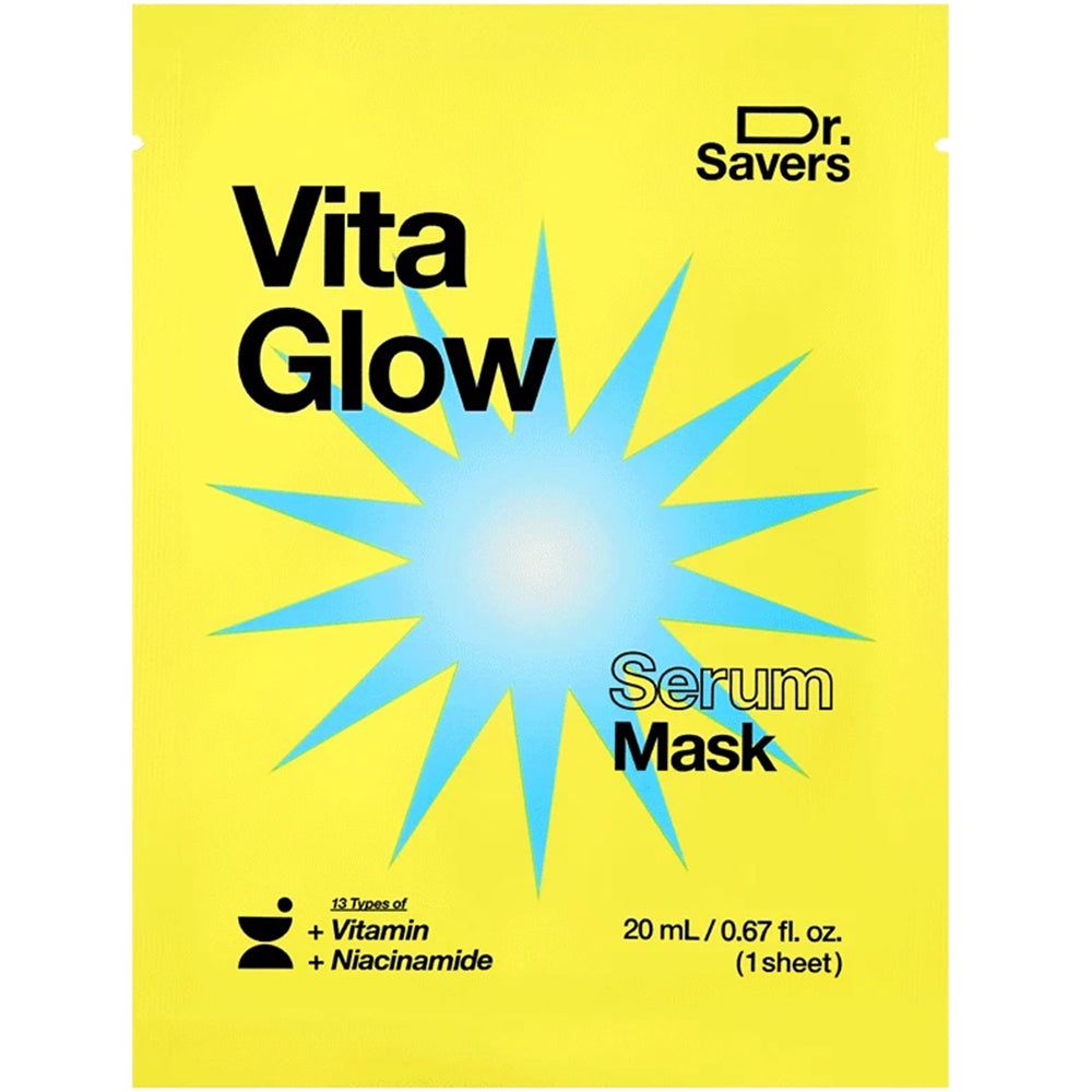 Emballage d'un masque sérum Vita Glow avec vitamine et niacinamide.