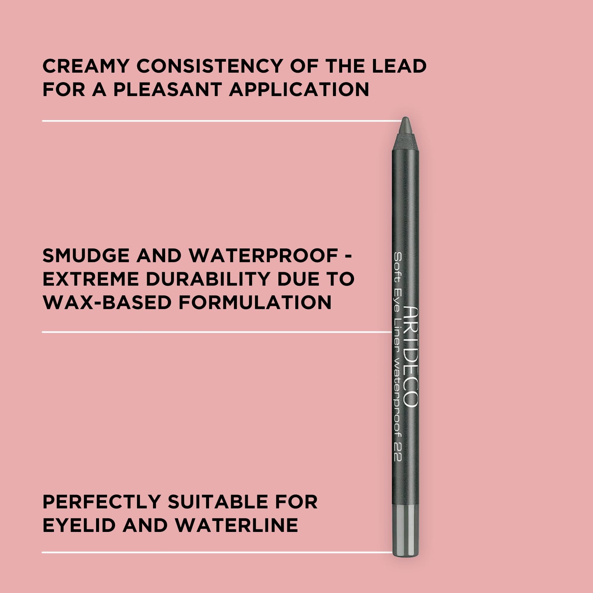 Crayon Artdeco Soft Eye Liner Waterproof gris. Texte: Consistance crémeuse, résistant au maculage, résistant à l'eau, pour paupières et ligne d'eau.