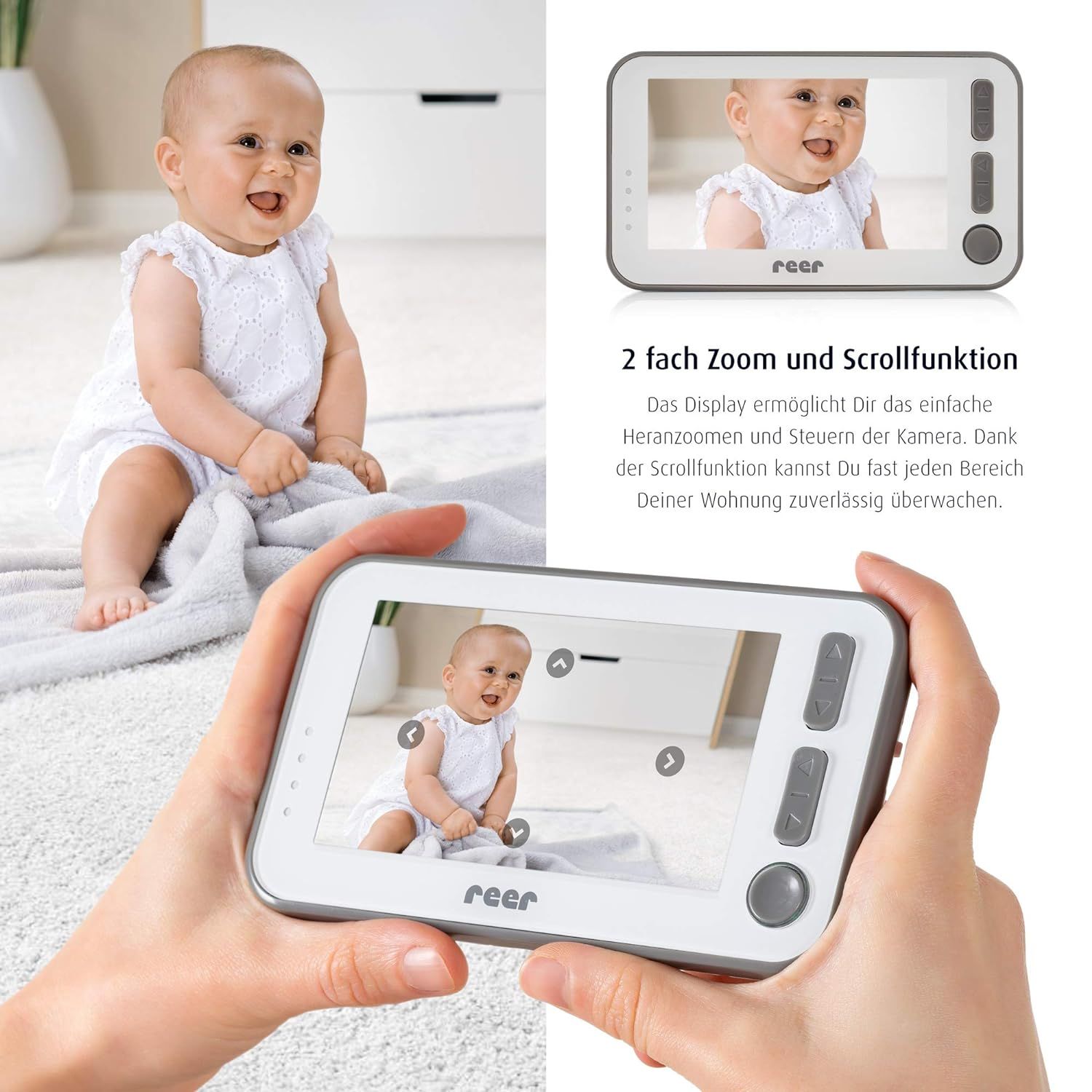 Écran de babyphone dans les mains. Montre un bébé. Texte: Zoom 2x et fonction de défilement. Bébé sourit.