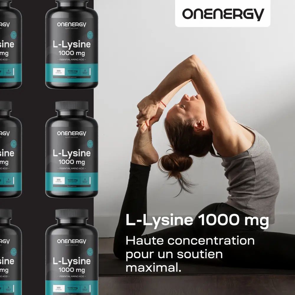 Bouteille L-Lysine 1000 mg, 365 gélules, femme en pose de yoga.