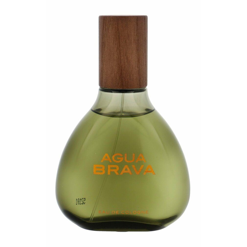 Groene Agua Brava Eau de Cologne fles met houten dop en gouden belettering.