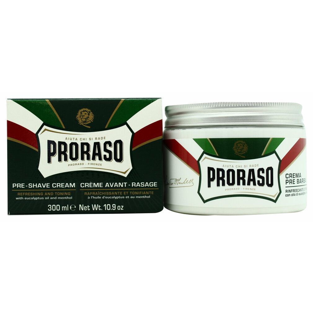 Crèmepot en doos. Opschrift: PRORASO. Groen-wit-rode strepen. Tekst: Pre-Shave Cream. Met eucalyptusolie en menthol.