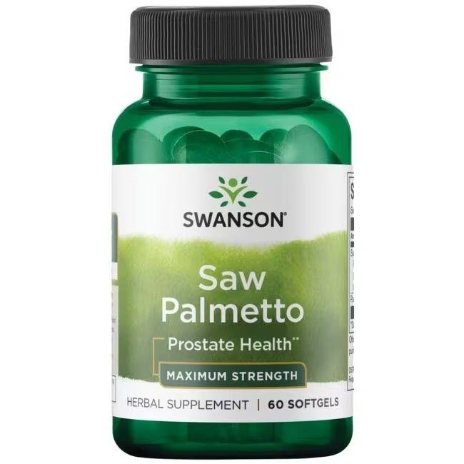 Flacon vert de gélules. Inscription: SWANSON, Saw Palmetto, Prostate Health, Maximum Strength, 60 Softgels.