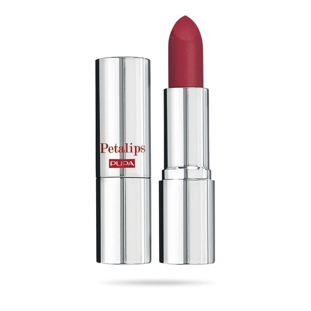 Zilveren lippenstift met rode stick en zilveren dop. Merk: Pupa, Petalips.