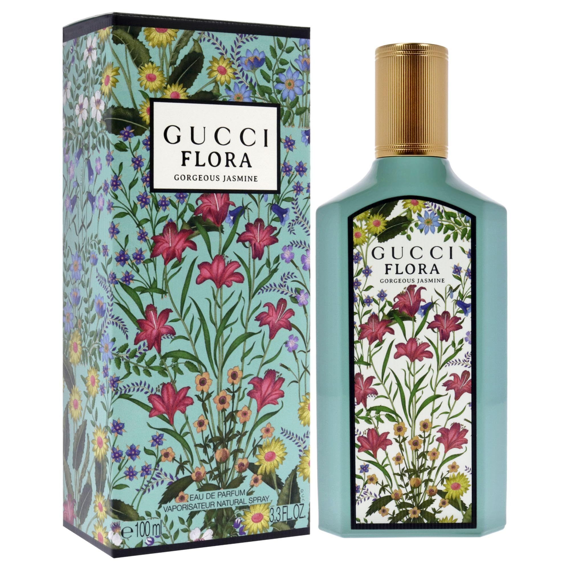 Fles en doos met bloemenpatroon. Opschrift: Gucci Flora Gorgeous Jasmine. 100ml. FSC-logo.