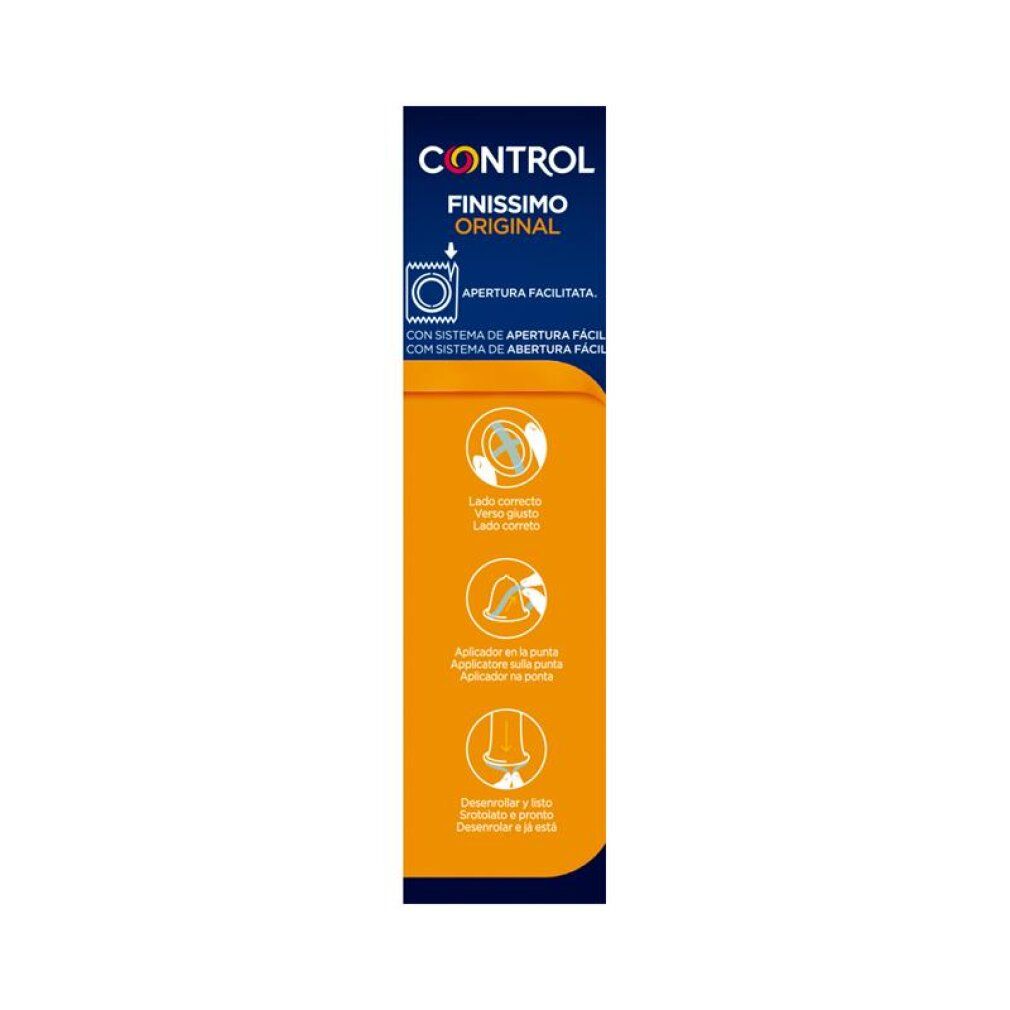 Vue latérale d'une boîte de préservatifs Control Finissimo Original. Montre les instructions d'utilisation.
