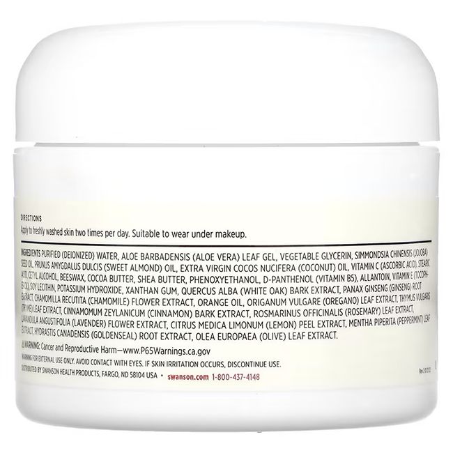 Dos du pot de crème. Contient des ingrédients comme l'aloe vera, la vitamine C et la camomille. Avertissements.