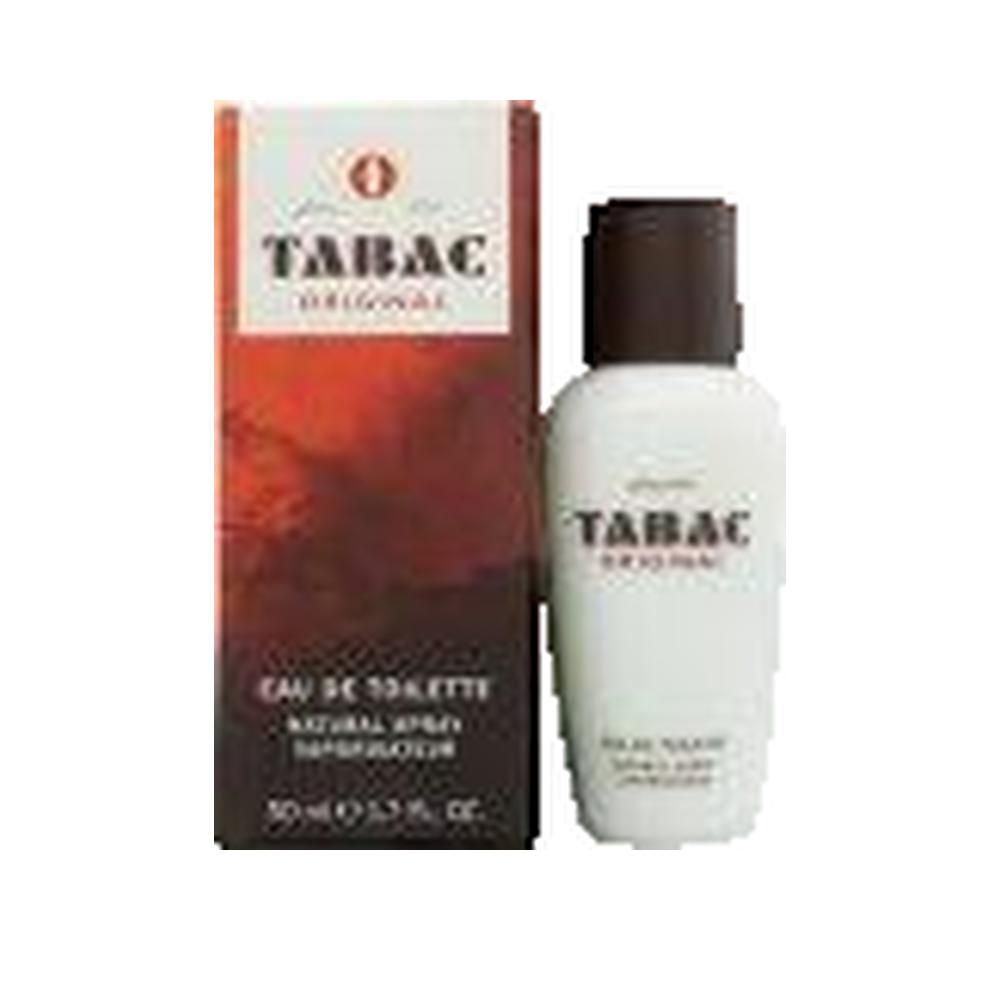 Tabac Original Eau de Toilette. Witte fles met bruine dop en verpakking. Tekst: Tabac Original, Eau de Toilette.