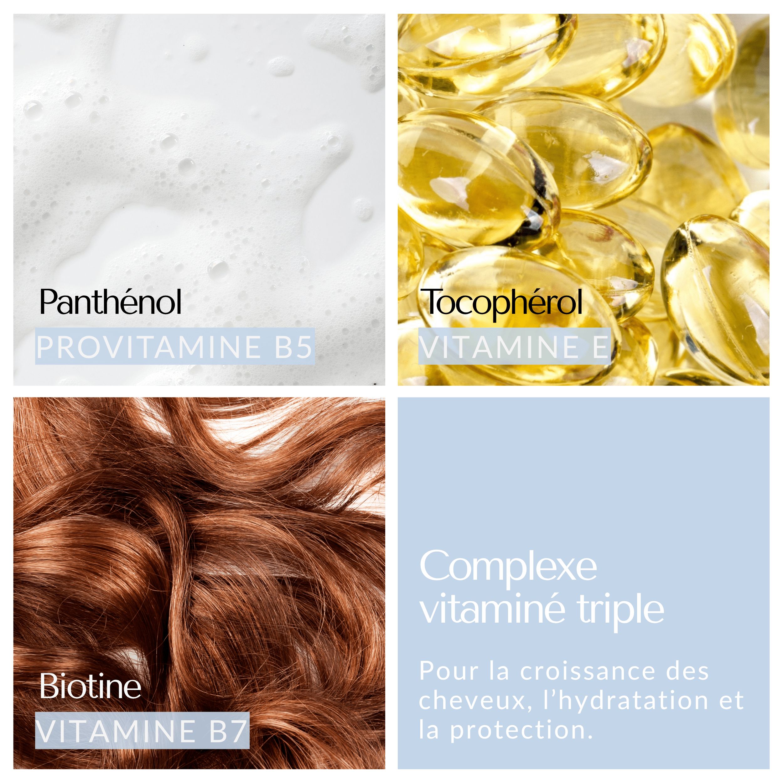 Quatre images : Panthénol, Tocophérol, Biotine. Légendes avec vitamines.