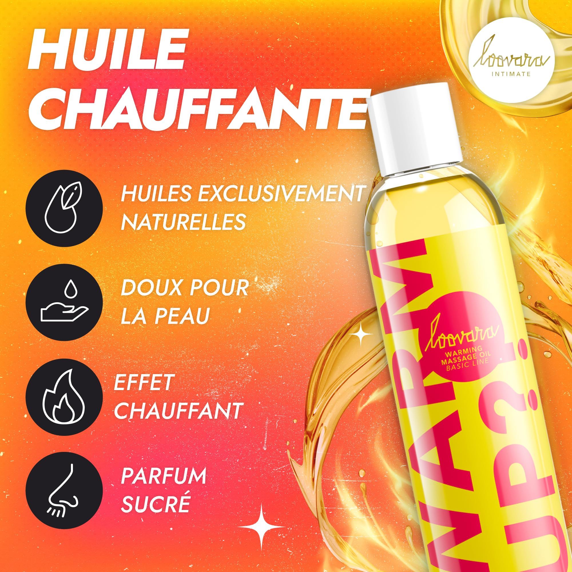 Bouteille d'huile de massage Loovara Warm Up avec étiquette jaune, entourée d'éclaboussures d'huile.