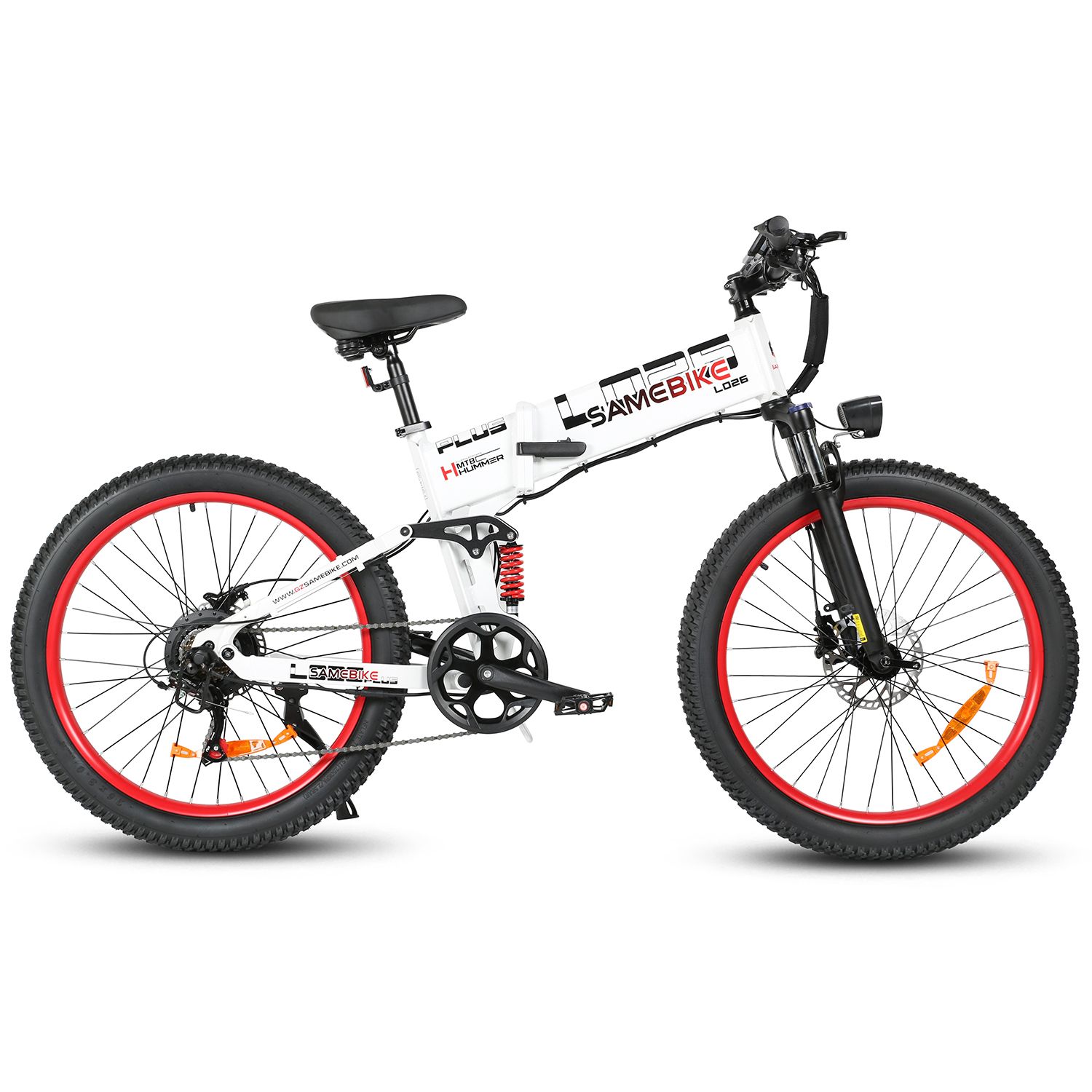 Vélo électrique pliable blanc, jantes rouges. Pneus, selle et guidon noirs. Marque SAMEBIKE LO26Plus.