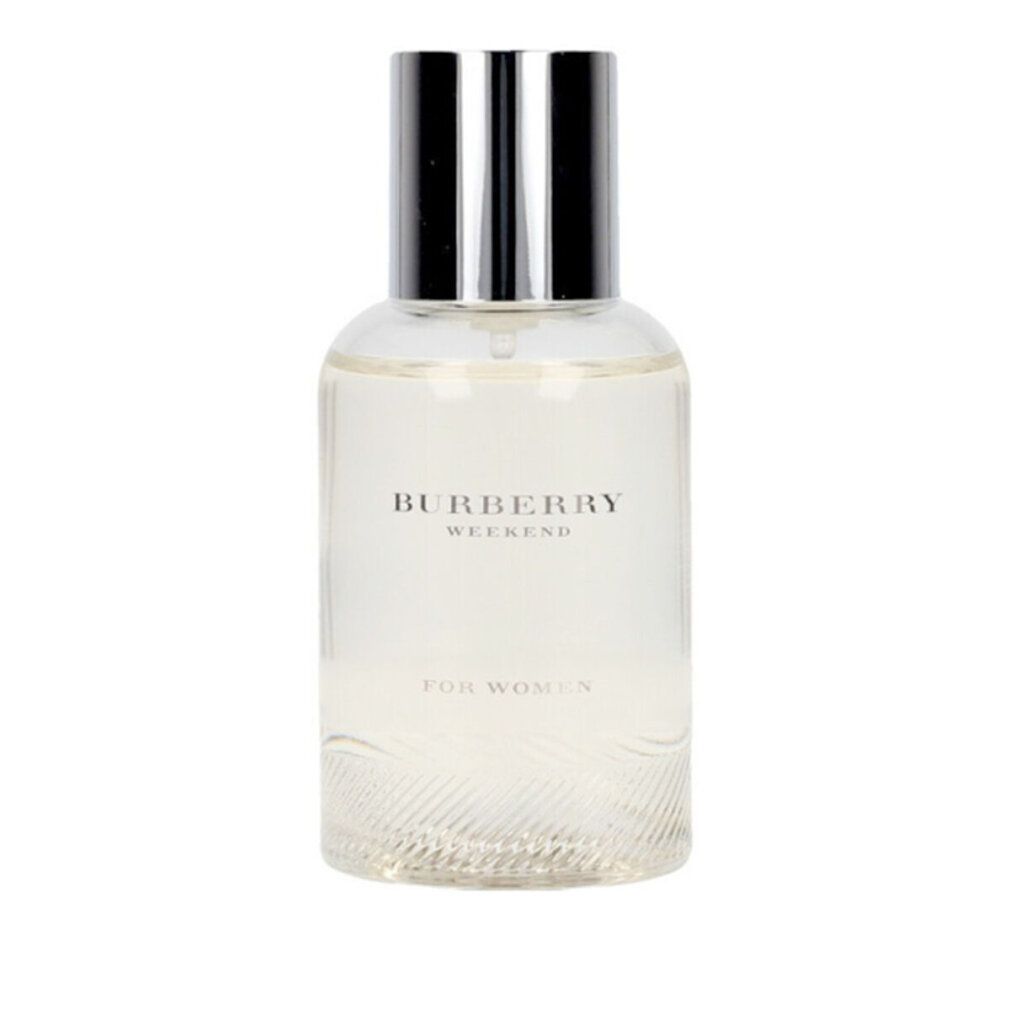 Burberry Weekend Eau de Parfum Spray pour femmes. Flacon transparent avec bouchon argenté et texte.