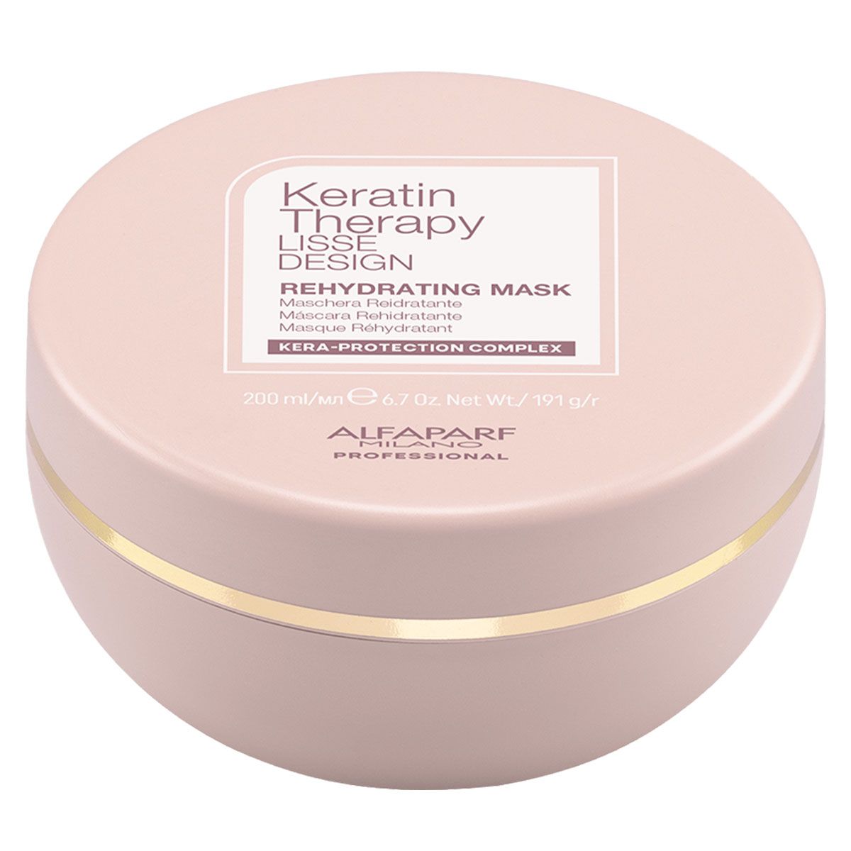 Ronde, lichtroze pot met goudkleurige rand. Etiket met 'Keratin Therapy Lisse Design Rehydrating Mask'.