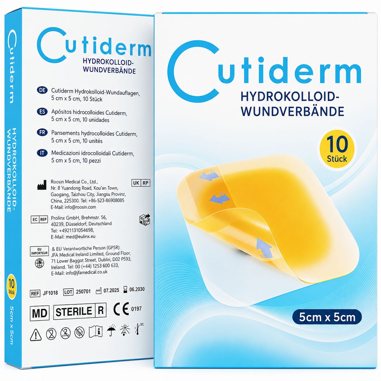Emballage et un pansement hydrocolloïde Cutiderm, 5cm x 5cm.