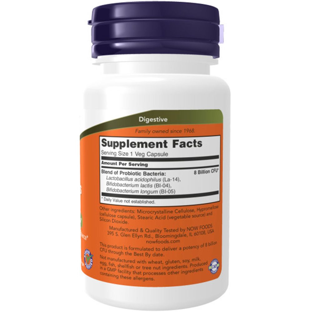 Dos du flacon. Inscription: Supplement Facts. Ingrédients: Lactobacillus acidophilus, Bifidobacterium lactis, Bifidobacterium longum.