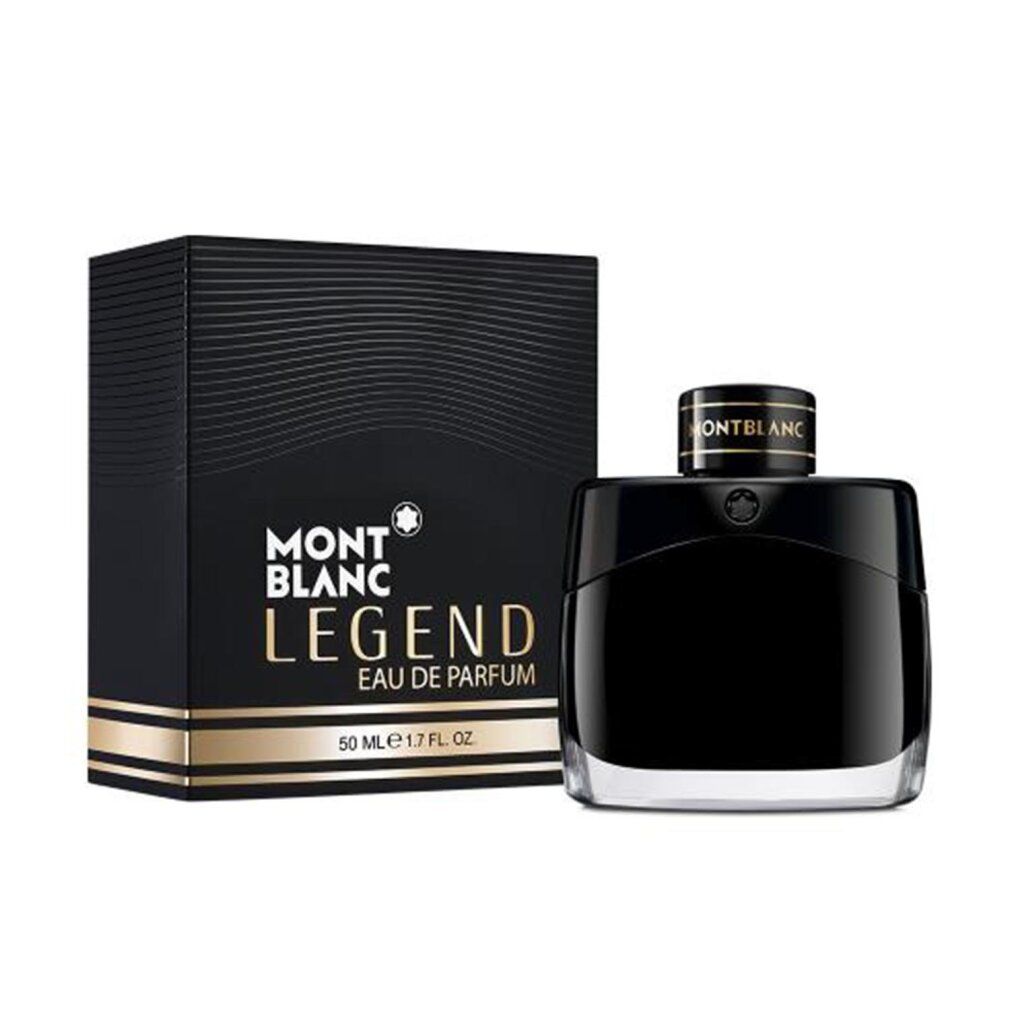 Flacon noir et emballage de Montblanc Legend Eau de Parfum. Flacon avec bouchon noir et lettrage doré.