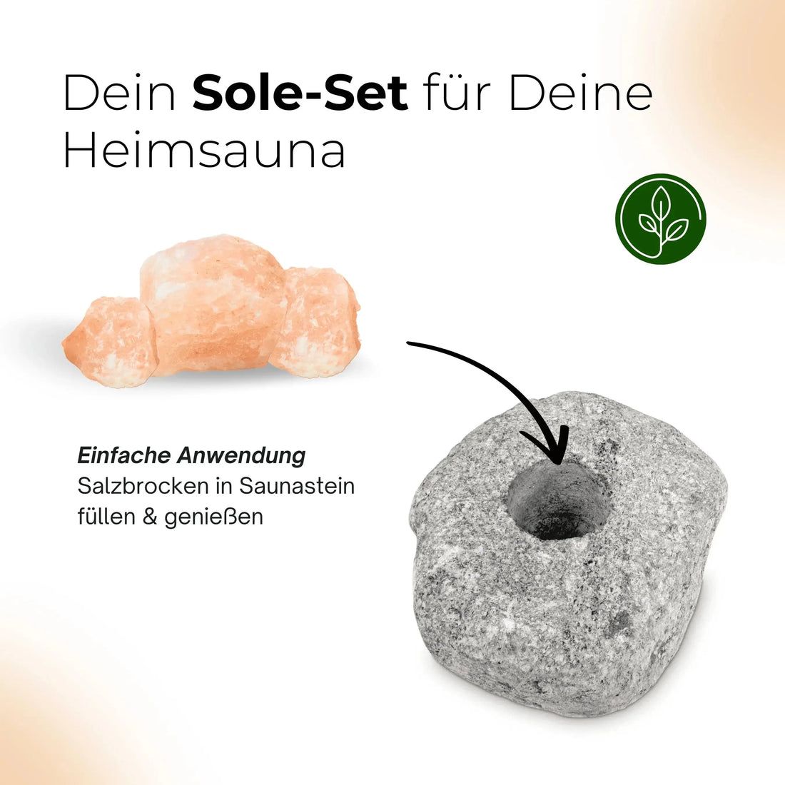 Morceaux de sel et pierre de sauna avec trou. Texte: Votre ensemble de sel pour votre sauna à domicile. Utilisation facile.