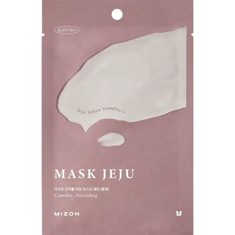 MIZON Joyful Time Mask Jeju Camelia, emballé. Emballage rose avec masque blanc. Texte: MASK JEJU.