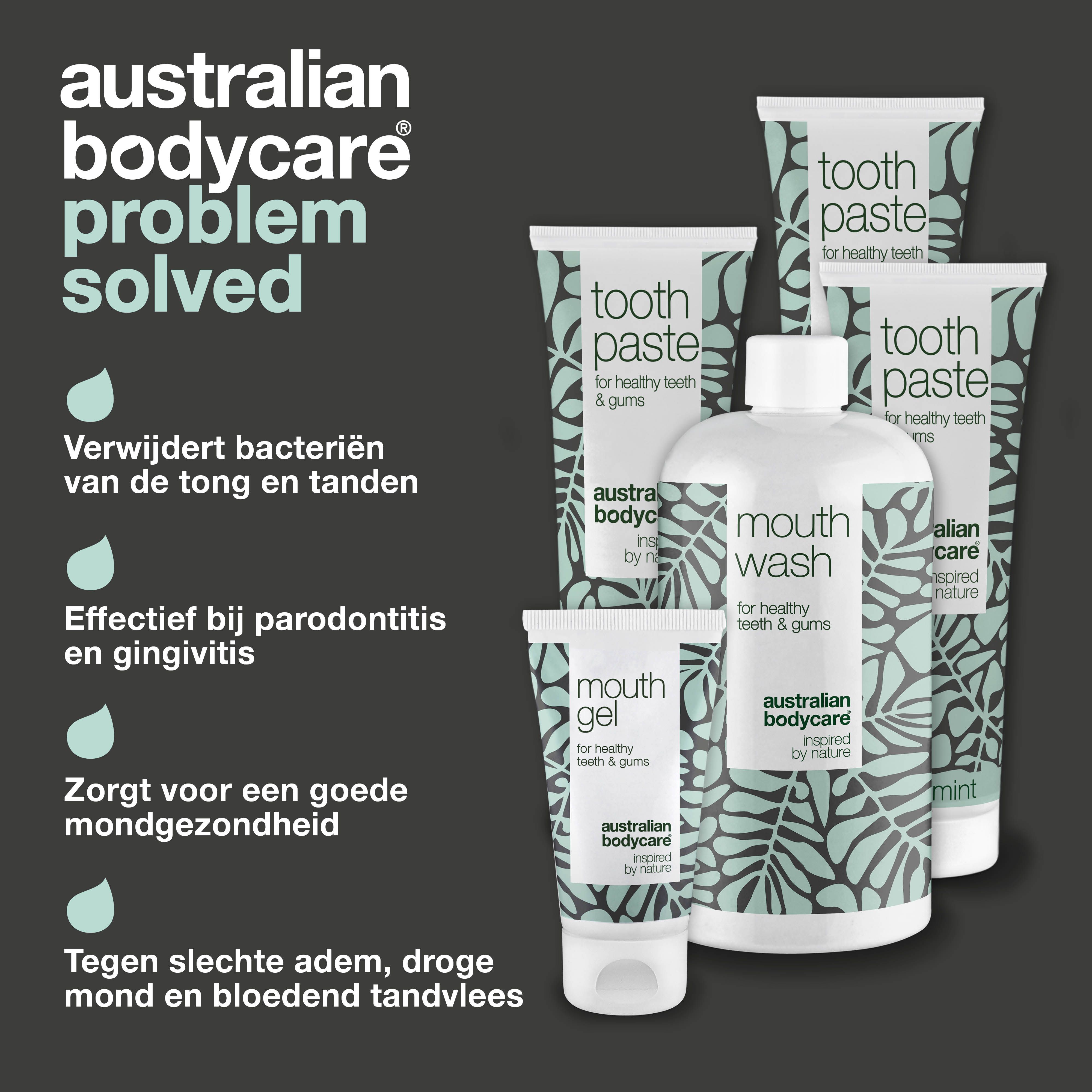 Reclameafbeelding met mondverzorgingsproducten. Toont mondgel, tandpasta en mondspoeling. Tekst: Australian Bodycare probleem opgelost.