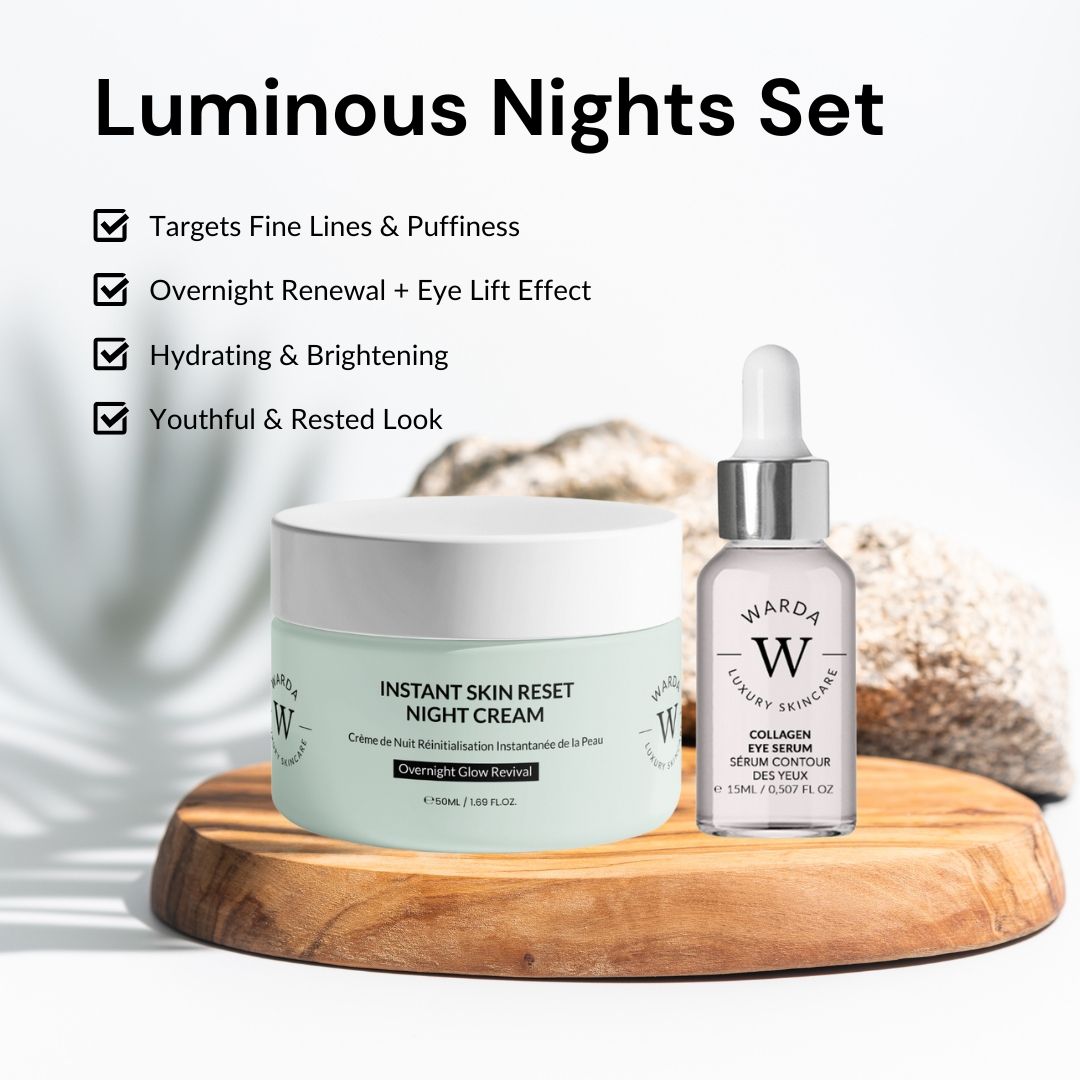 Crème et sérum Warda Luxury Skincare. Sur une planche en bois. Inscription: Instant Skin Reset Night Cream, Collagen Eye Serum.