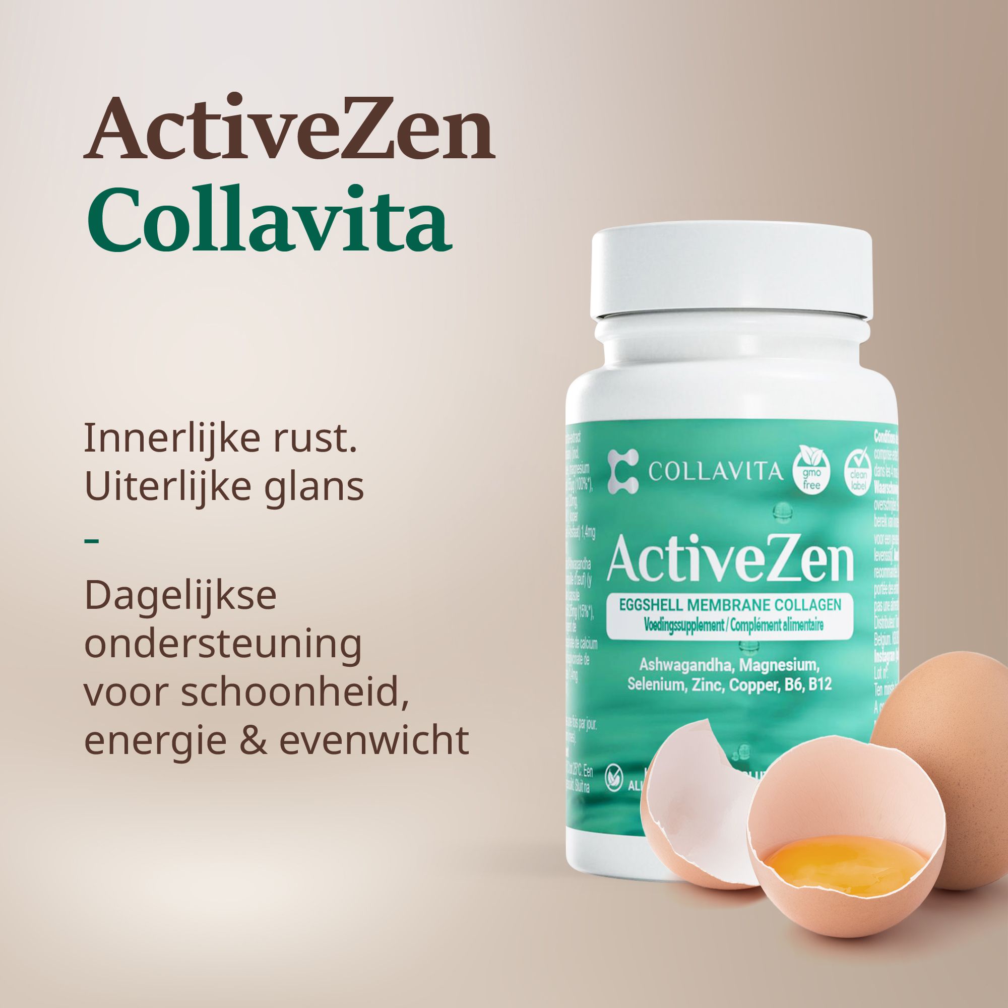 Witte fles ActiveZen. Ei met eidooier. Tekst: ActiveZen Collavita, eierschaalmembraan collageen. Voor schoonheid, energie & evenwicht.