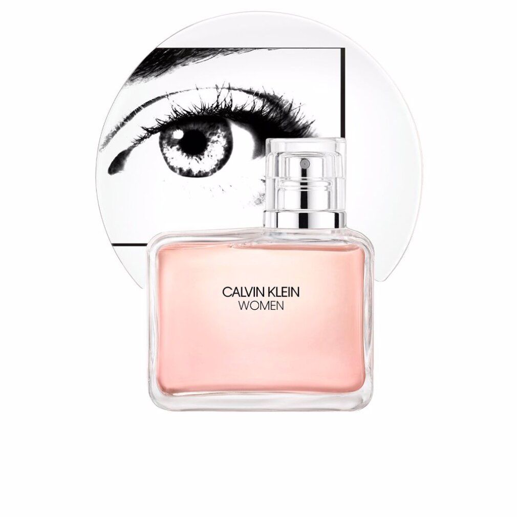 Rechthoekige fles met roze vloeistof. Opschrift: CALVIN KLEIN WOMEN. Achtergrond: oog op witte cirkel.