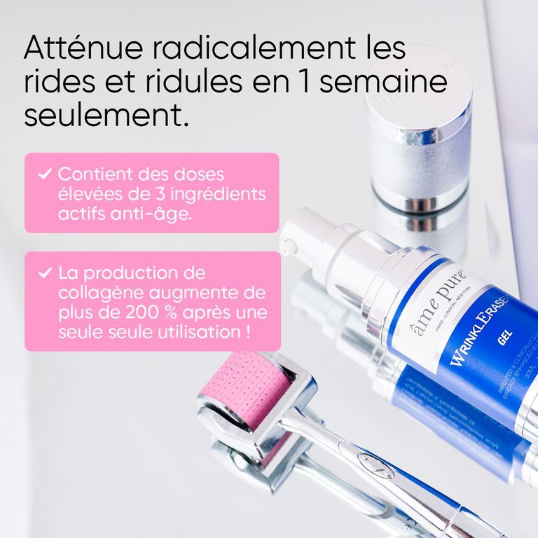 Dermaroller et flacon de gel WrinklEraser sur une surface miroir.